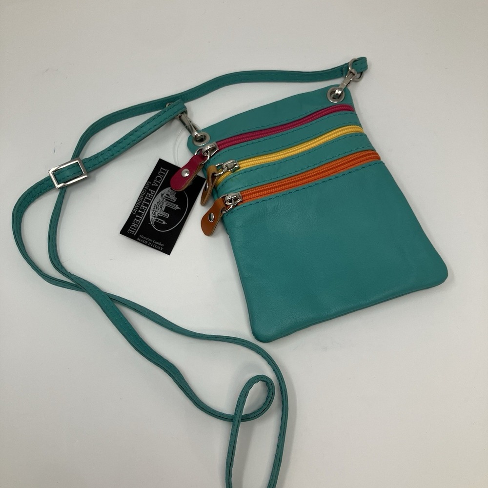 Lucia Pelletterie Italian Leather Crossbody Bag Small Teal Multi Zip Belt Loop